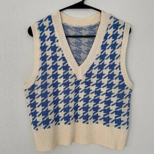 Sweater Vest Women’s Hounds Tooth Blue Knit Pull Over V- Neck 90’s Y2K Large